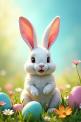 Pastel-colored Easter bunny ears in a floral meadow, flowers, spring garden