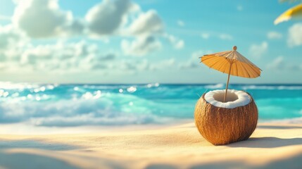 Vibrant tropical coconut drink on sandy beach photorealistic art