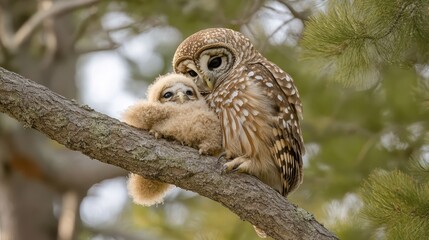 Obraz premium A barred owl protects its fluffy chick on a branch.