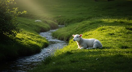 Lamb Resting by Stream in Sunny Green Meadow