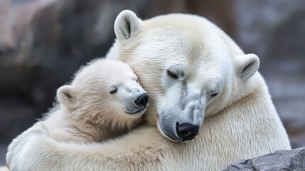 Fototapeta premium A heartwarming embrace between a mother polar bear and her cub.