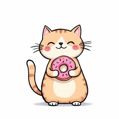 Obraz premium Happy Ginger Cat with Pink Sprinkled Donut Vector Illustration