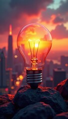 Light bulb surrounded by futuristic cityscape at sunset, sunset, technology