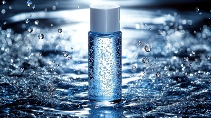 Refreshing facial serum in a clear bottle, surrounded by water droplets