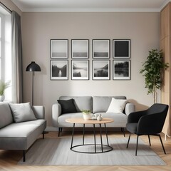 Modern Living Room Interior with Grey Sofa and Black and White Landscape Prints