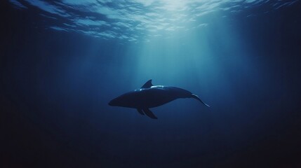 Fototapeta premium Underwater silhouette of a dolphin swimming gracefully beneath sunlit waves