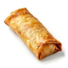 A crisp golden brown spring roll with visible filling, isolated white background, hyperrealism art style