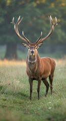 Obraz premium Majestic Red Deer stag with large antlers standing proudly in a grassy field during the autumn rutting season mist.
