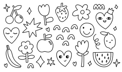 A set of cute childish doodles - hearts, flowers, stars, fruits, berries and other. Vector hand-drawn illustration. Perfect for decorations, print, various designs.