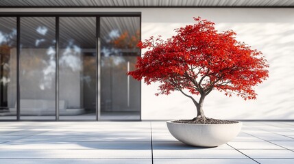 Vibrant red japanese maple tree in a modern outdoor setting creating a serene and elegant atmosphere