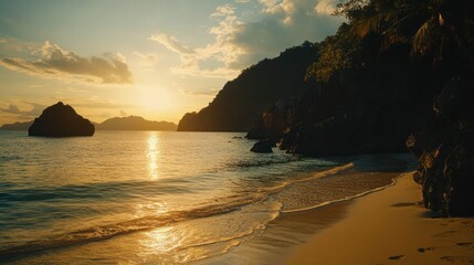 A beautiful tropical beach scene at a golden sunlit sunset
