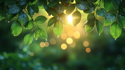 Sunlit Dew-Kissed Leaves: A Tranquil Garden Scene