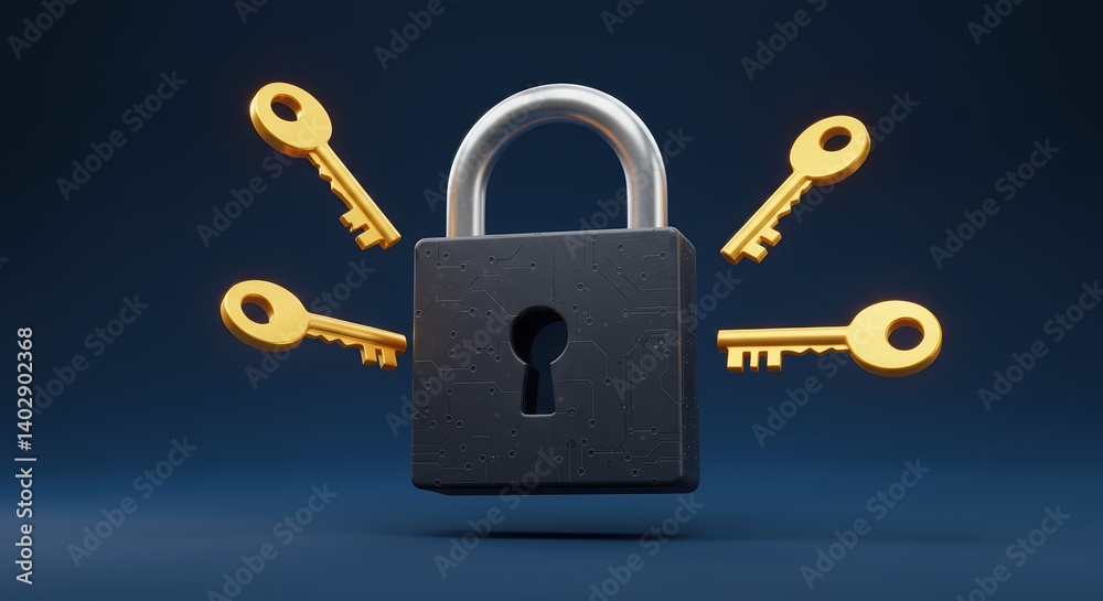 Poster secure digital data with a cyber lock and keys security concept visualization