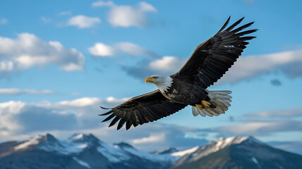 Obraz premium Majestic Bald Eagle Soaring Above Snow-Capped Mountains