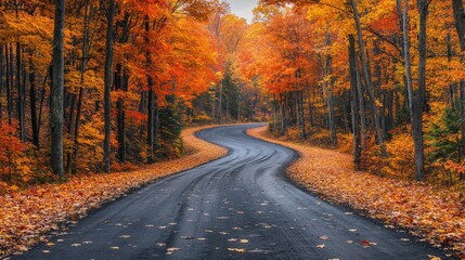 Obraz premium Autumnal Road Winding Through a Vibrant Forest