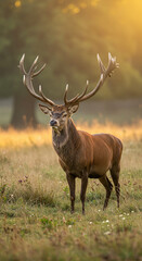 Fototapeta premium Impressive Red Deer stag posing in a misty meadow at dawn, showcasing its large antlers and noble presence in nature.