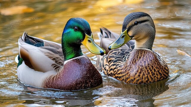 Two mallard ducks swimming in a pond.