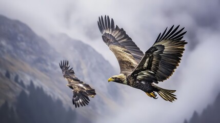 Obraz premium Majestic golden eagle soaring above misty mountains.