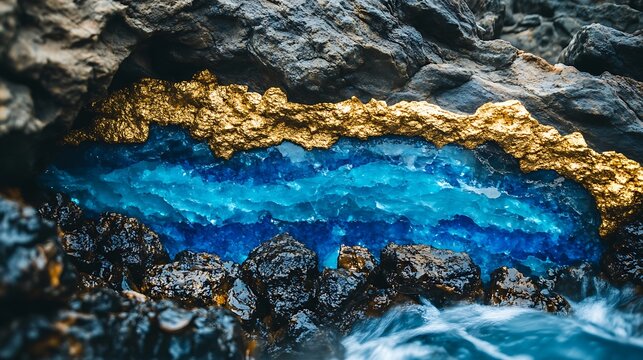 Striking close-up of golden ore vein and vibrant blue water stream