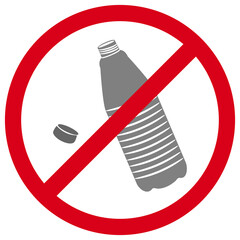No plastic bottle sign. Vector illustration. No plastic waste icon. Red crossed out sign with a plastic bottle and a plastic cap.