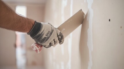 Drywall installer cutting drywall sheet. Featuring technique and precision