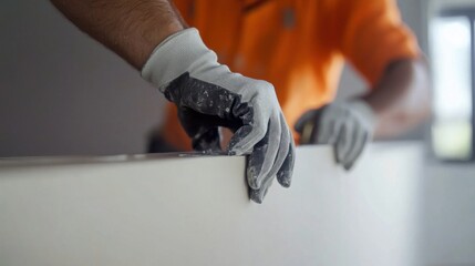 Drywall installer fastening plasterboard panels in a modern apartment. Featuring speed and accuracy