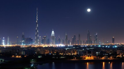 A cityscape illuminated by the moon against a dark night sky