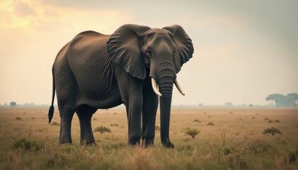 Obraz premium A large grey elephant stands alone in a misty savannah, Gray, Elephant