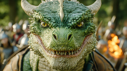 A fierce dragon's head, showcasing detailed scales and sharp teeth.