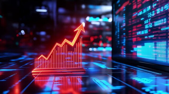 Visual representation of upward financial trends with a red graph overlaying a vibrant high tech environment showcasing data analysis