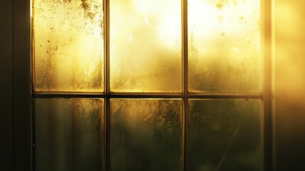 A golden light shines through a grimy old window with panes