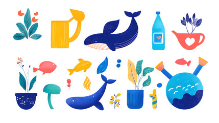 Fototapeta premium A vibrant illustration of marine and botanical elements, featuring a whale, plants, and colorful aquatic life.