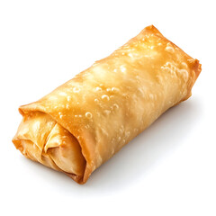 A crispy golden spring roll with a smooth surface and light filling, isolated white background, hyperrealism art style