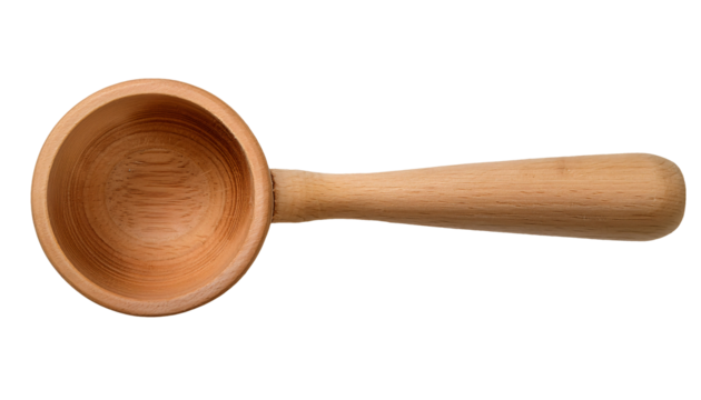 minimalist round wooden measuring cup with straight handle top view on isolated background for cooking or kitchen decoration
