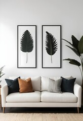 Modern Minimalist Living Room Decor with Palm Leaf Prints