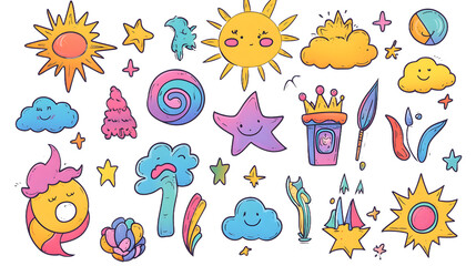 A vibrant collection of whimsical doodles, featuring bright suns, clouds, stars, and playful elements in a cheerful color palette.