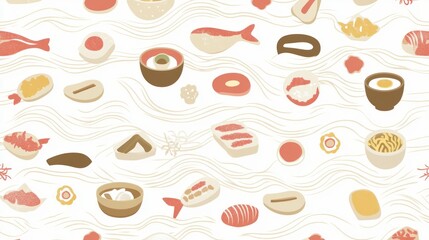 Japanese Food Pattern with Various Dishes and Traditional Design