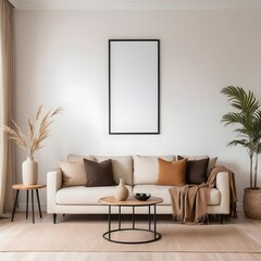 Modern Beige Living Room Interior with Blank Frame