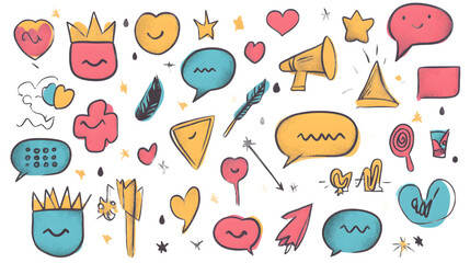 Colorful hand-drawn doodles featuring various speech bubbles, symbols, and playful shapes on a black background.