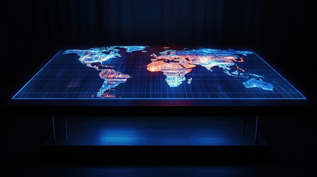 Glowing holographic map visualizing global AI data flow in a futuristic control center with ambient lighting