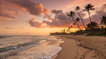 Elegante panorama de la puesta de sol y la playa. Puesta de sol de ensueño en la orilla de la playa.