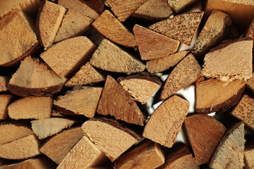 Stack of cut firewood as background, closeup