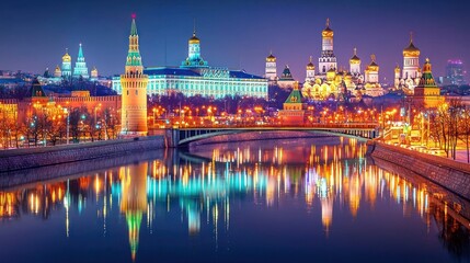 Obraz premium Night View of Moscow Kremlin and Cathedrals