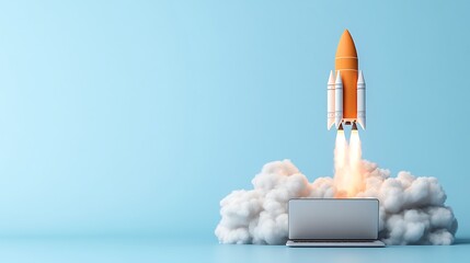 Orange Rocket Launching from Laptop Computer on Blue Background