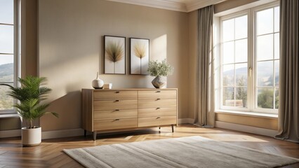 Light-filled room with wooden dresser, natural accents, and serene view