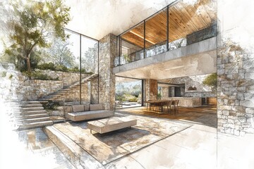 Architectural drawing depicts a luxurious home with a stone exterior
