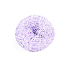 Violet woolen yarn isolated on white, top view