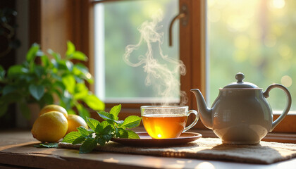 Steaming cup of natural tea with lemons and mint against a sunny window, Herbal tea picking  