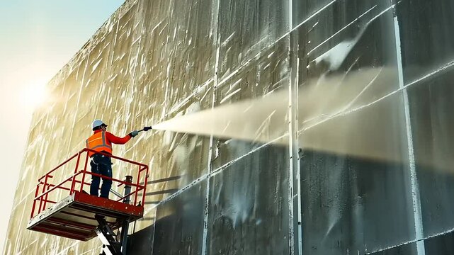 High-Rise Building Exterior Cleaning: A Worker on a Lift Power Washes a Large Wall
