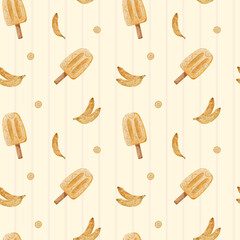 Stripe Summer Ice Cream Background. Seamless watercolor pattern with Banana fruit ice cream. Design for menu and textile, wrapping, scrapbooking and stationery